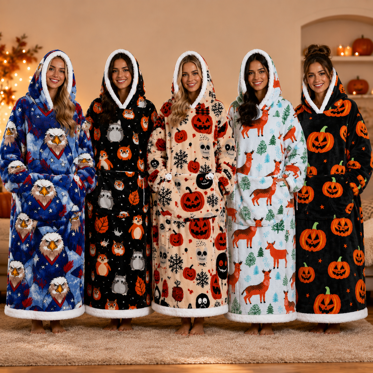 🍂 Harvest Season Hooded Blanket Robe – Warm & Cozy Unisex Lounge Wear