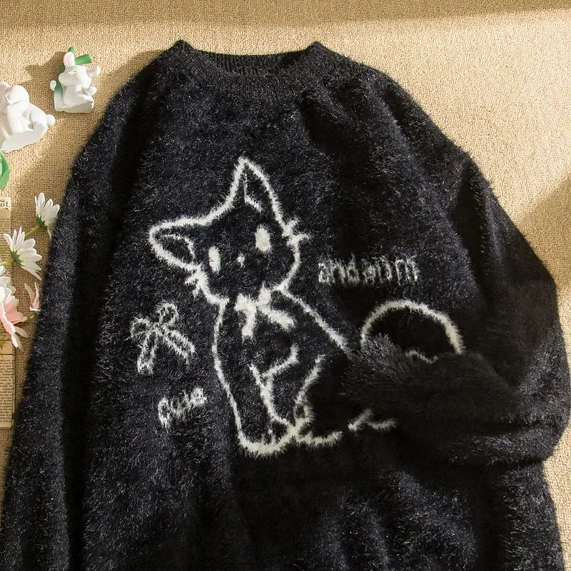 Fall Winter Women  Sweet Korean Girl Slash Neck Cuddly Sweater Long Sleeve Pullovers 2000s Aesthetic Mori Girl Cozy Cute Core
