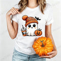 Cute-Ghost-Pumpkin Spice Fall Halloween Design Graphic T-Shirt Oversized Tee for Women Unisex Wear Blouse Spooky Season Gifts