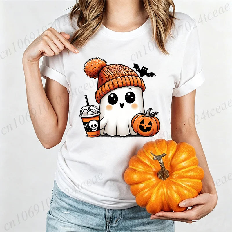 Cute-Ghost-Pumpkin Spice Fall Halloween Design Graphic T-Shirt Oversized Tee for Women Unisex Wear Blouse Spooky Season Gifts