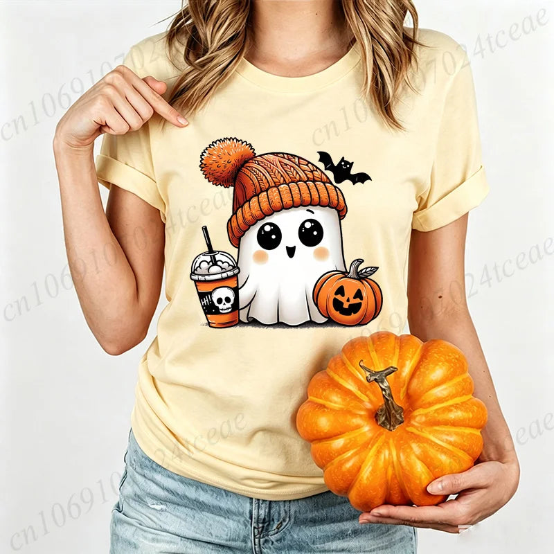 Cute-Ghost-Pumpkin Spice Fall Halloween Design Graphic T-Shirt Oversized Tee for Women Unisex Wear Blouse Spooky Season Gifts