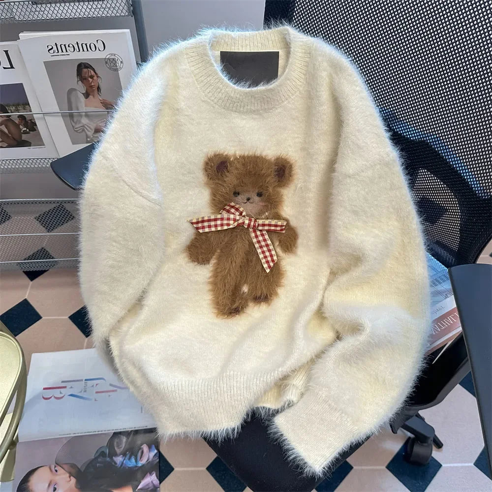 Fall Winter Women  Sweet Korean Girl Slash Neck Cuddly Sweater Long Sleeve Pullovers 2000s Aesthetic Mori Girl Cozy Cute Core