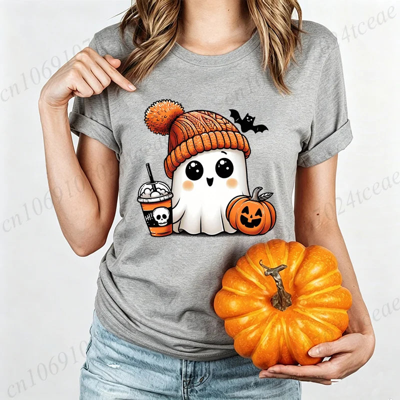 Cute-Ghost-Pumpkin Spice Fall Halloween Design Graphic T-Shirt Oversized Tee for Women Unisex Wear Blouse Spooky Season Gifts