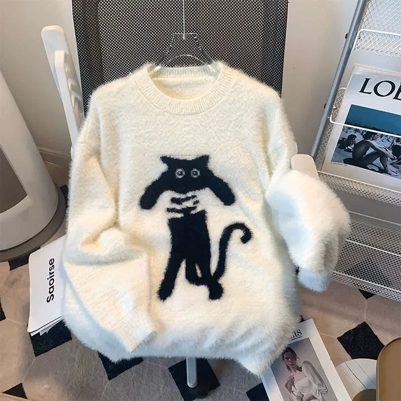Fall Winter Women  Sweet Korean Girl Slash Neck Cuddly Sweater Long Sleeve Pullovers 2000s Aesthetic Mori Girl Cozy Cute Core