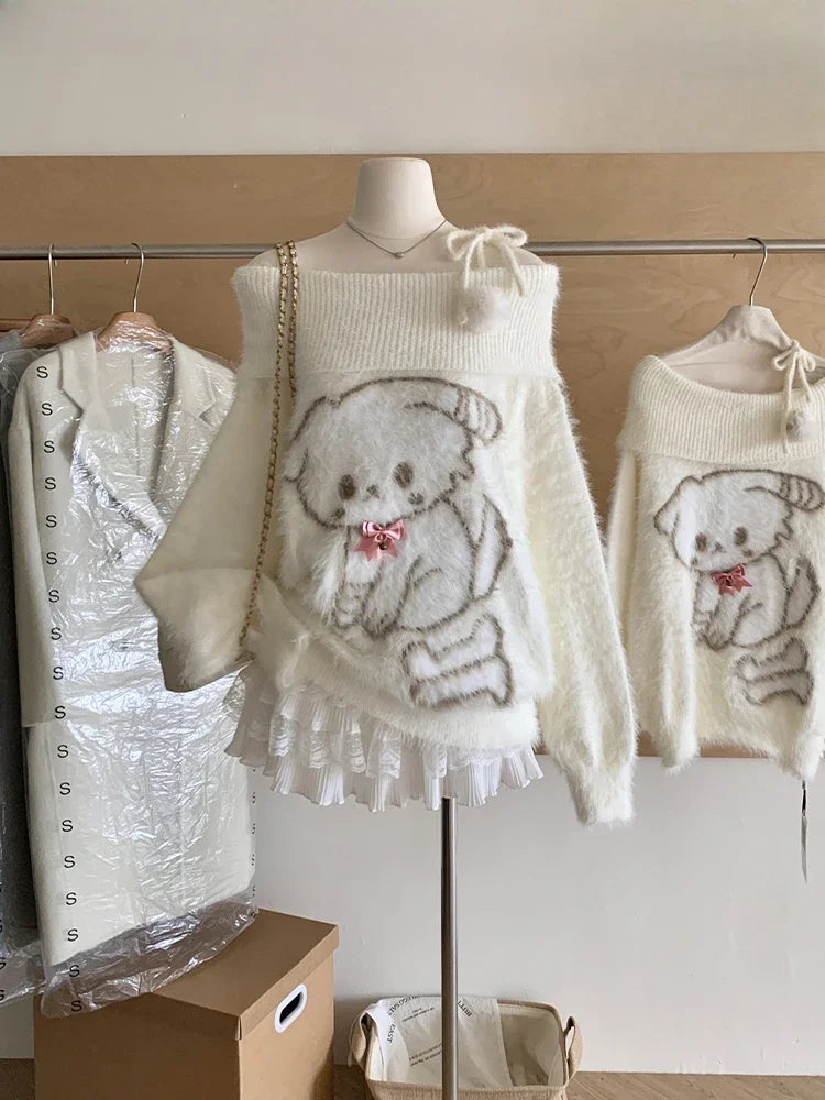 Fall Winter Women  Sweet Korean Girl Slash Neck Cuddly Sweater Long Sleeve Pullovers 2000s Aesthetic Mori Girl Cozy Cute Core