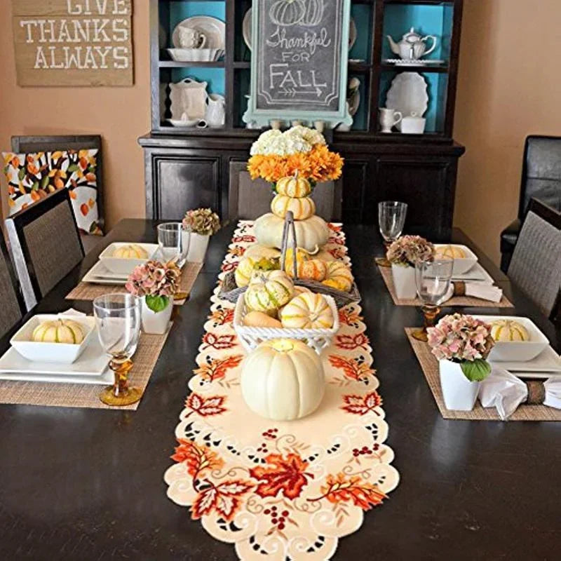 Fall Table Runner Maple Leaves Thanksgiving Table Runner Embroidered Autumn Harvest Decor for Fall Thanksgiving Decorations