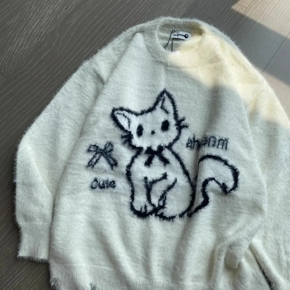 Fall Winter Women  Sweet Korean Girl Slash Neck Cuddly Sweater Long Sleeve Pullovers 2000s Aesthetic Mori Girl Cozy Cute Core