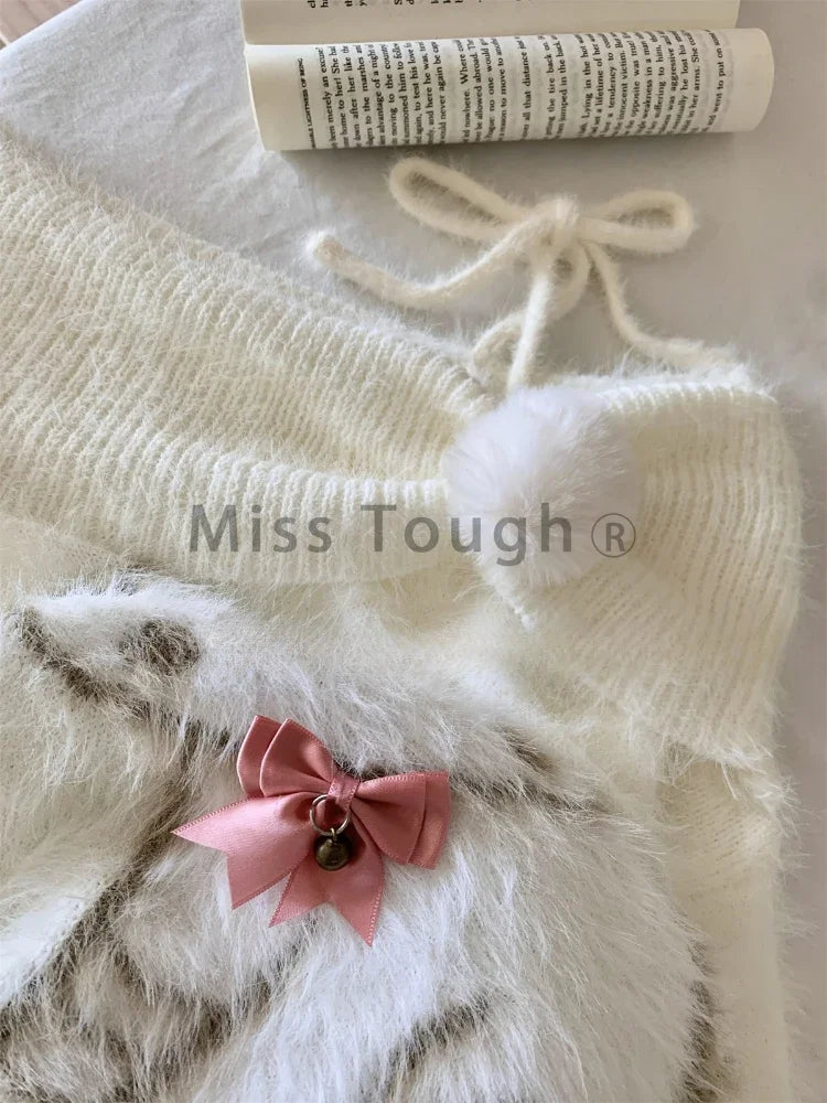 Fall Winter Women  Sweet Korean Girl Slash Neck Cuddly Sweater Long Sleeve Pullovers 2000s Aesthetic Mori Girl Cozy Cute Core