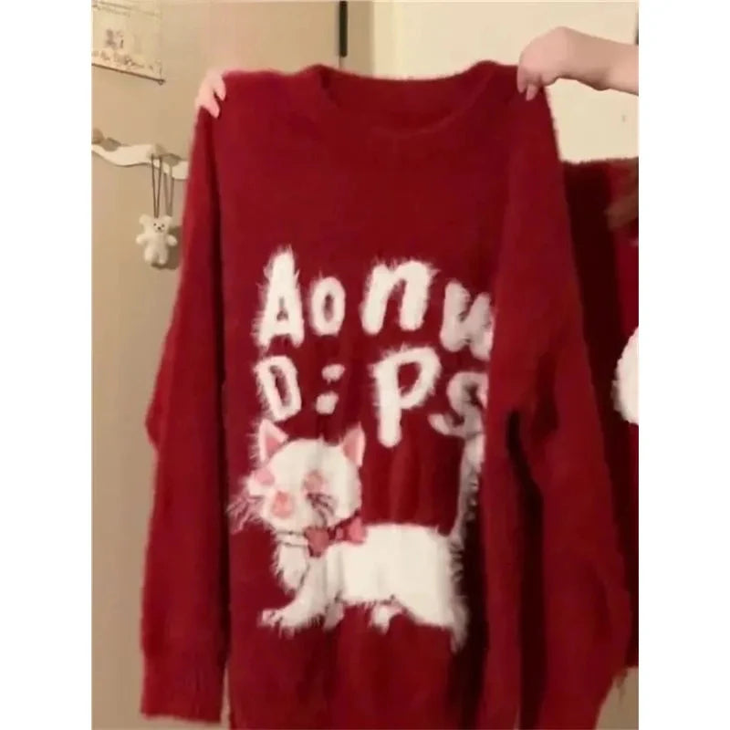 Fall Winter Women  Sweet Korean Girl Slash Neck Cuddly Sweater Long Sleeve Pullovers 2000s Aesthetic Mori Girl Cozy Cute Core