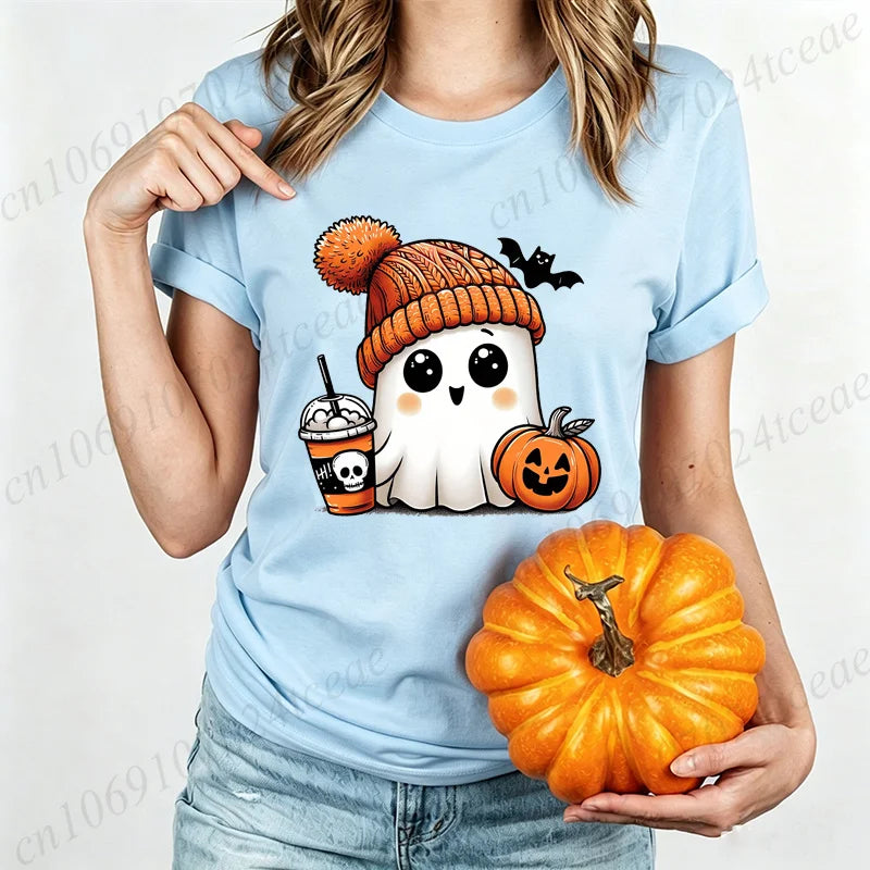 Cute-Ghost-Pumpkin Spice Fall Halloween Design Graphic T-Shirt Oversized Tee for Women Unisex Wear Blouse Spooky Season Gifts