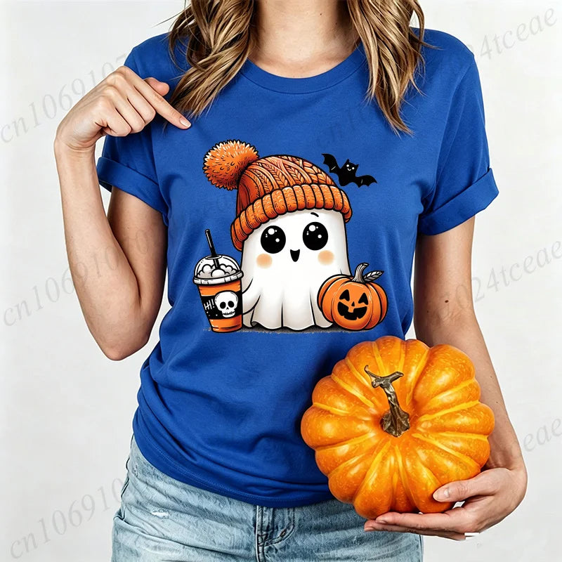 Cute-Ghost-Pumpkin Spice Fall Halloween Design Graphic T-Shirt Oversized Tee for Women Unisex Wear Blouse Spooky Season Gifts