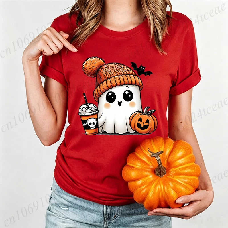 Cute-Ghost-Pumpkin Spice Fall Halloween Design Graphic T-Shirt Oversized Tee for Women Unisex Wear Blouse Spooky Season Gifts