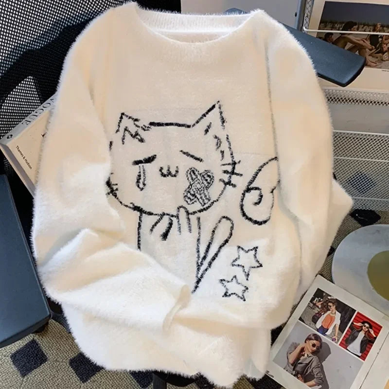 Fall Winter Women  Sweet Korean Girl Slash Neck Cuddly Sweater Long Sleeve Pullovers 2000s Aesthetic Mori Girl Cozy Cute Core