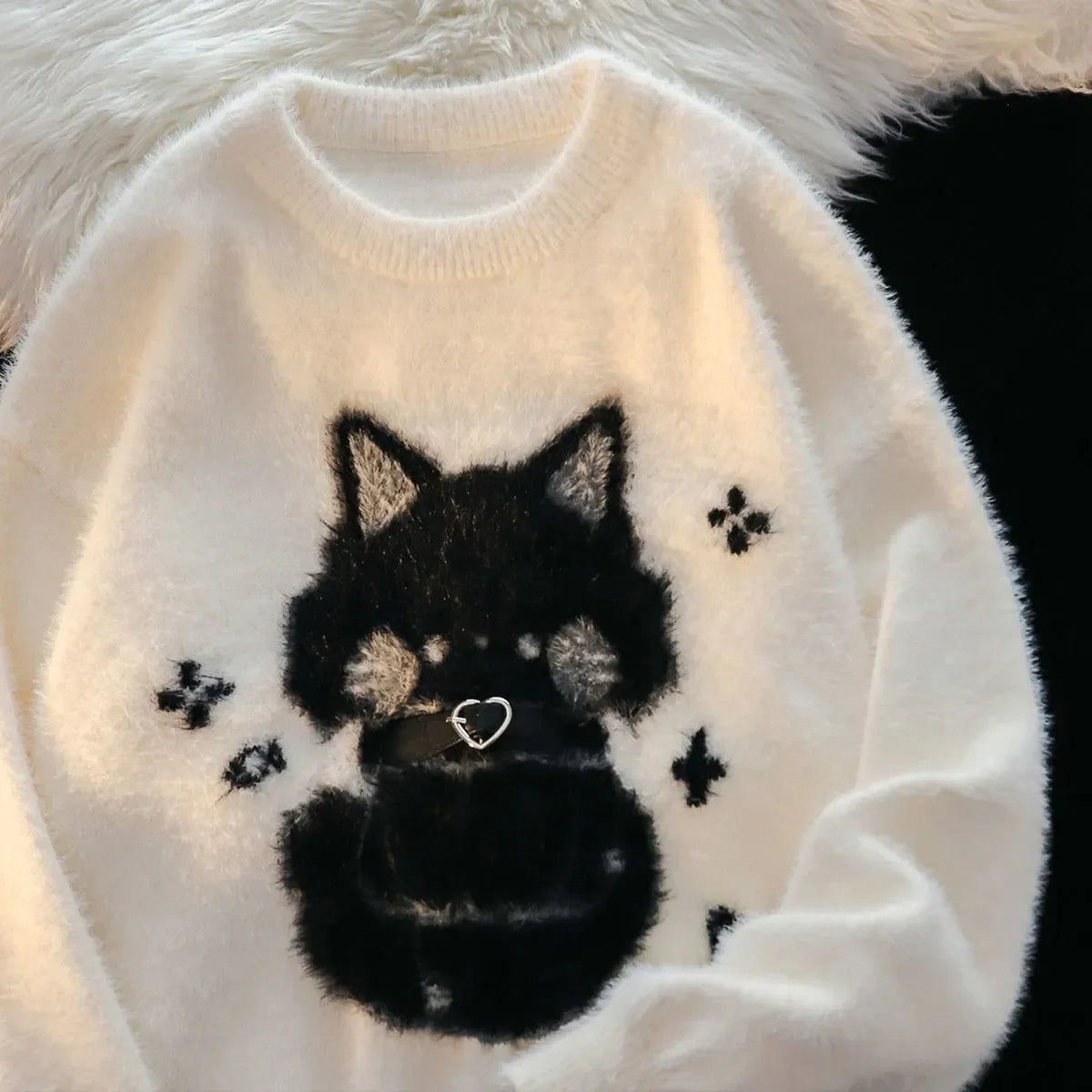 Fall Winter Women  Sweet Korean Girl Slash Neck Cuddly Sweater Long Sleeve Pullovers 2000s Aesthetic Mori Girl Cozy Cute Core