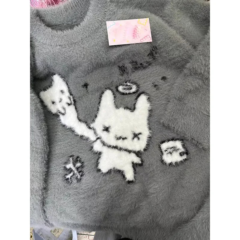 Fall Winter Women  Sweet Korean Girl Slash Neck Cuddly Sweater Long Sleeve Pullovers 2000s Aesthetic Mori Girl Cozy Cute Core