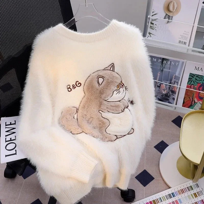 Fall Winter Women  Sweet Korean Girl Slash Neck Cuddly Sweater Long Sleeve Pullovers 2000s Aesthetic Mori Girl Cozy Cute Core
