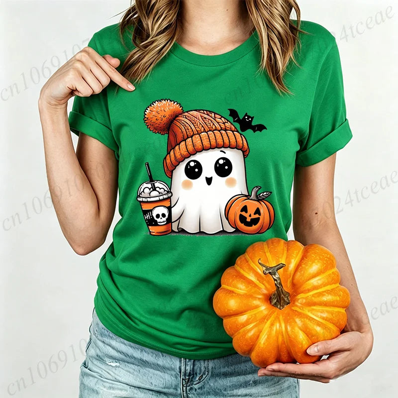 Cute-Ghost-Pumpkin Spice Fall Halloween Design Graphic T-Shirt Oversized Tee for Women Unisex Wear Blouse Spooky Season Gifts