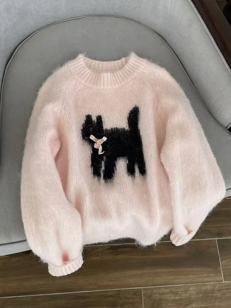 Fall Winter Women  Sweet Korean Girl Slash Neck Cuddly Sweater Long Sleeve Pullovers 2000s Aesthetic Mori Girl Cozy Cute Core
