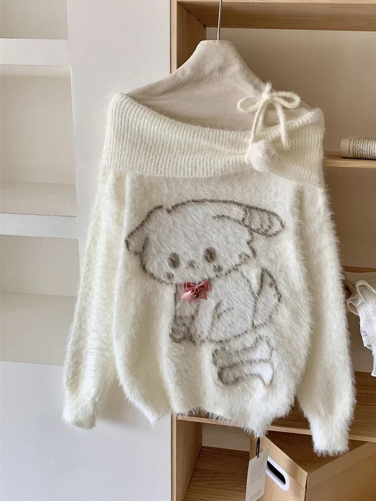 Fall Winter Women  Sweet Korean Girl Slash Neck Cuddly Sweater Long Sleeve Pullovers 2000s Aesthetic Mori Girl Cozy Cute Core