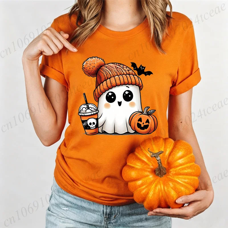 Cute-Ghost-Pumpkin Spice Fall Halloween Design Graphic T-Shirt Oversized Tee for Women Unisex Wear Blouse Spooky Season Gifts