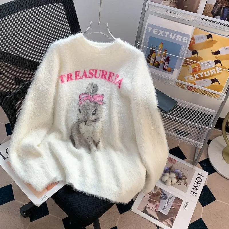 Fall Winter Women  Sweet Korean Girl Slash Neck Cuddly Sweater Long Sleeve Pullovers 2000s Aesthetic Mori Girl Cozy Cute Core
