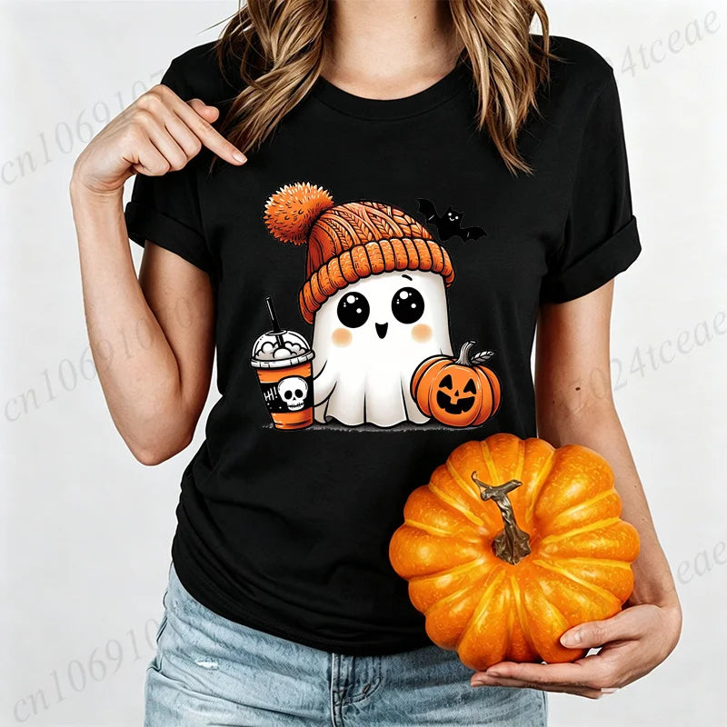 Cute-Ghost-Pumpkin Spice Fall Halloween Design Graphic T-Shirt Oversized Tee for Women Unisex Wear Blouse Spooky Season Gifts