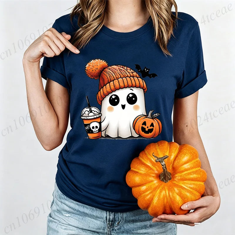 Cute-Ghost-Pumpkin Spice Fall Halloween Design Graphic T-Shirt Oversized Tee for Women Unisex Wear Blouse Spooky Season Gifts
