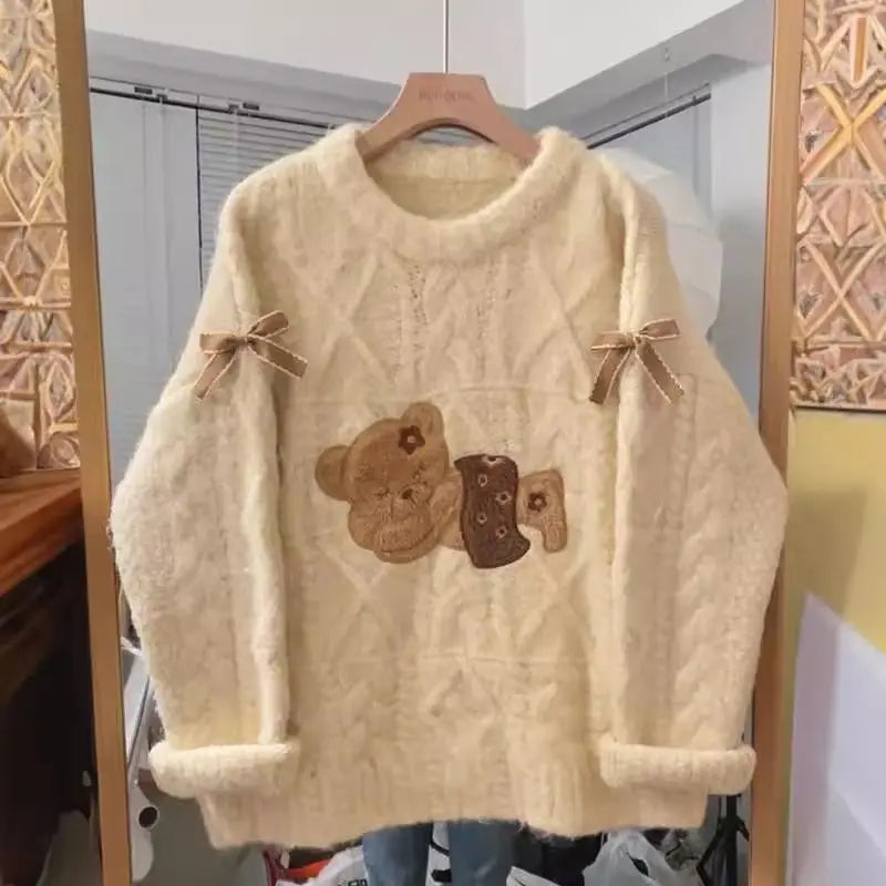 Fall Winter Women  Sweet Korean Girl Slash Neck Cuddly Sweater Long Sleeve Pullovers 2000s Aesthetic Mori Girl Cozy Cute Core