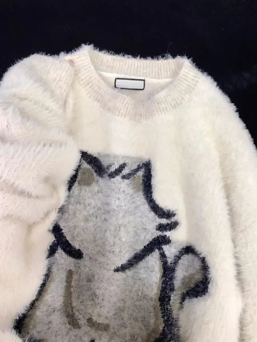 Fall Winter Women  Sweet Korean Girl Slash Neck Cuddly Sweater Long Sleeve Pullovers 2000s Aesthetic Mori Girl Cozy Cute Core