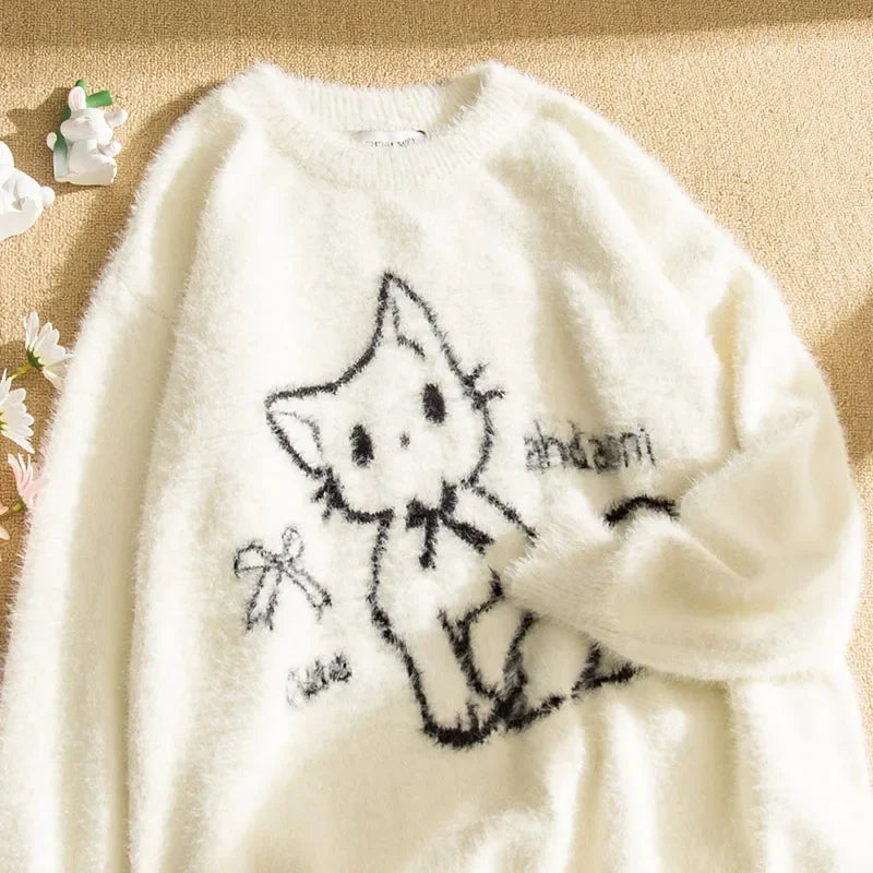 Fall Winter Women  Sweet Korean Girl Slash Neck Cuddly Sweater Long Sleeve Pullovers 2000s Aesthetic Mori Girl Cozy Cute Core