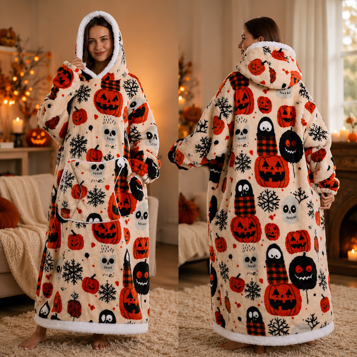 🍂 Harvest Season Hooded Blanket Robe – Warm & Cozy Unisex Lounge Wear
